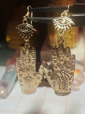 Gold Palmistry Hand Drop Earrings